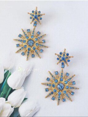 Oscar de la Renta Blue Crystal Starburst Drop Earrings Gold Tone Statement